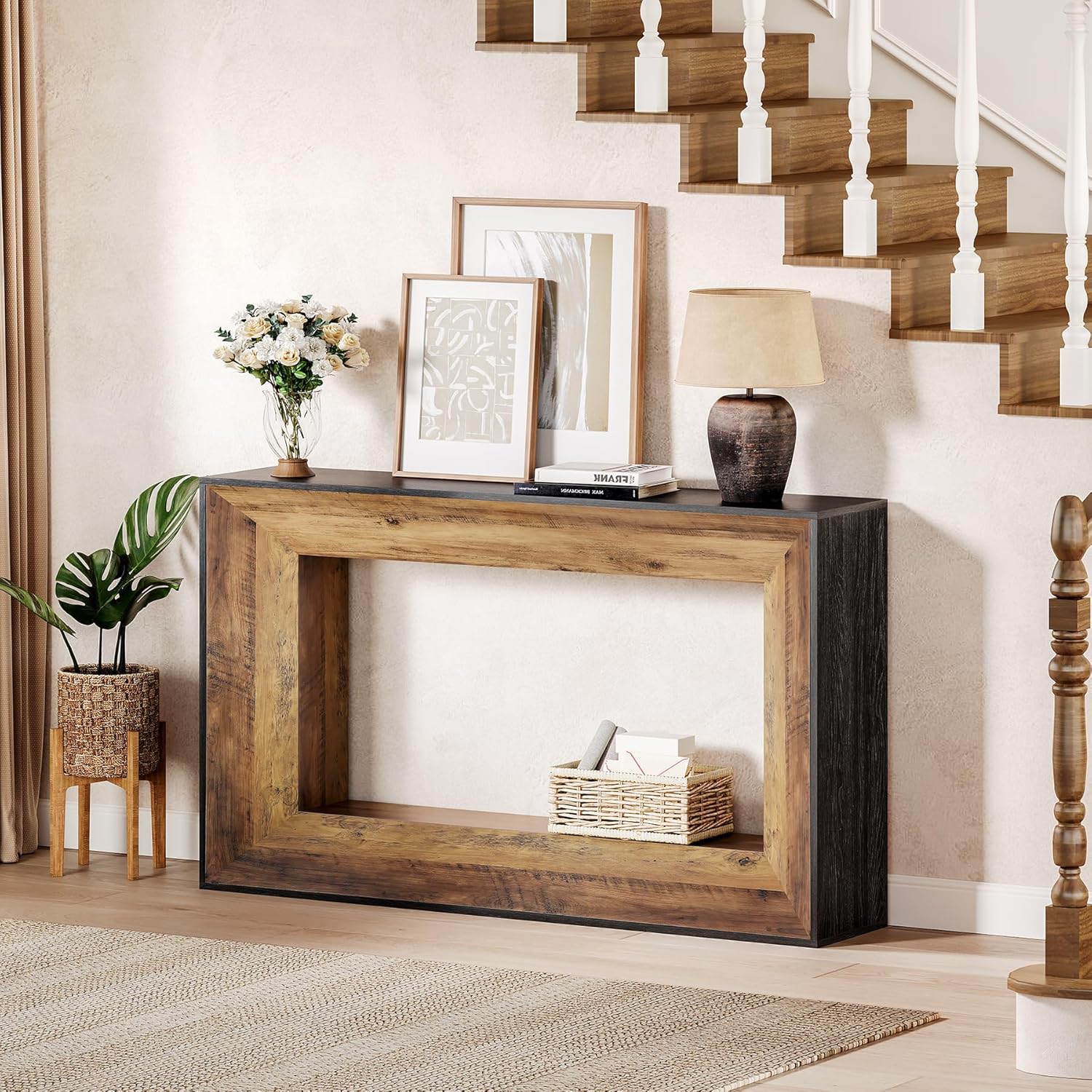 55" Console Table, 2-Tier Farmhouse Sofa Table Behind Couch